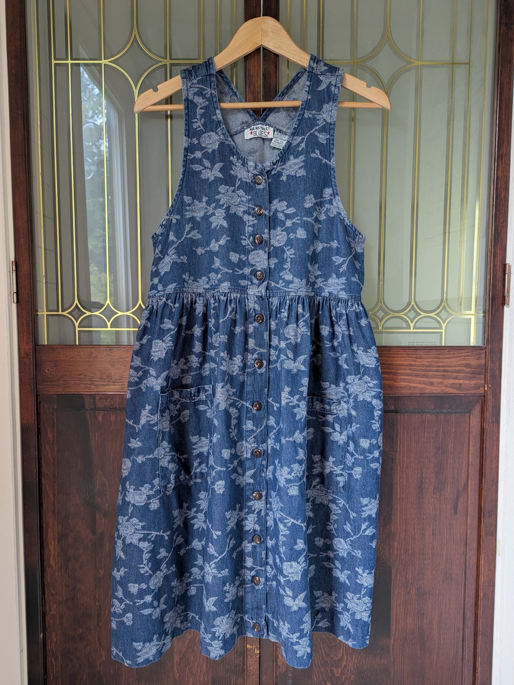 Sleeveless Floral Denim Button-Front Midi Dress